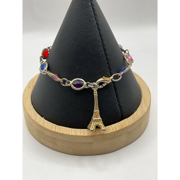 Eiffel Tower Charm Bracelet With Multicolor Gemstones Gold Tone Chain - Picture 3 of 4